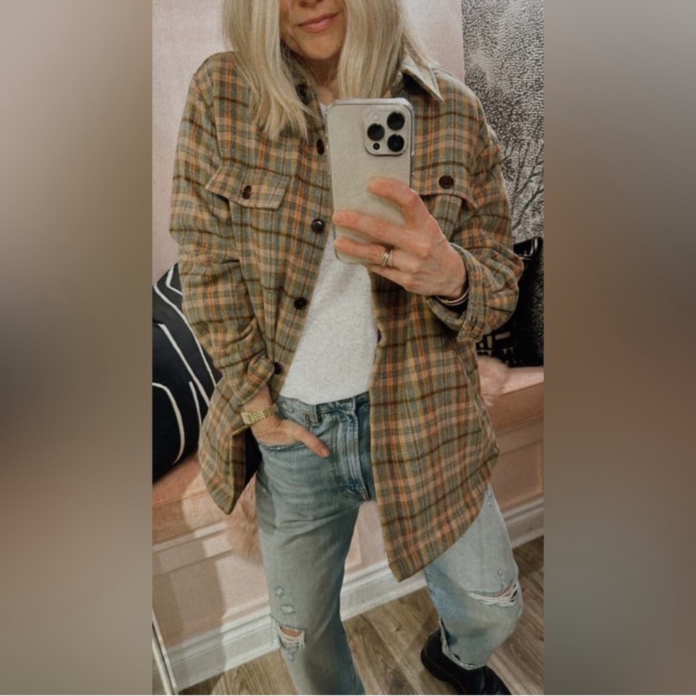 THE GREAT. Plaid Button-Down Shirt Jacket in Brown and Tan
